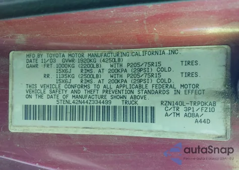 2004 Toyota Tacoma из США, поврежденный, VIN 5TENL42N44Z334499